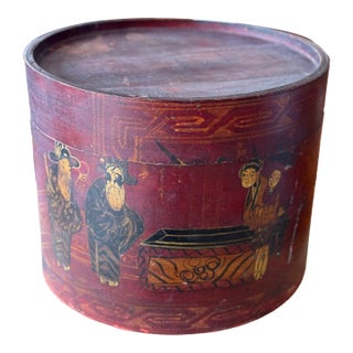 Red Antique Original Wooden Chinese Handpainted Hat Box / Basket For Sale