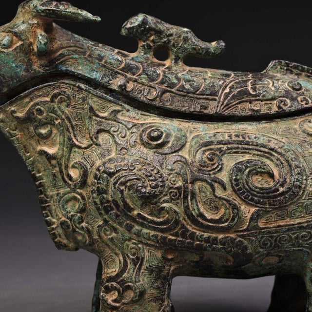 1960s Bronze Ox Ritual Vessel (Gong) With Green Patina - 5.9" Wide For Sale - Image 4 of 10