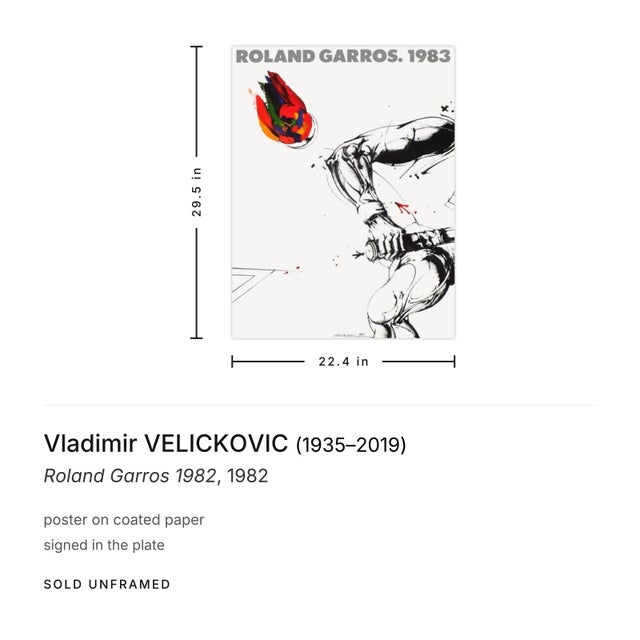 Mid-Century Modern Vladimir Velickovic Roland Garros 1982 Poster For Sale - Image 3 of 3