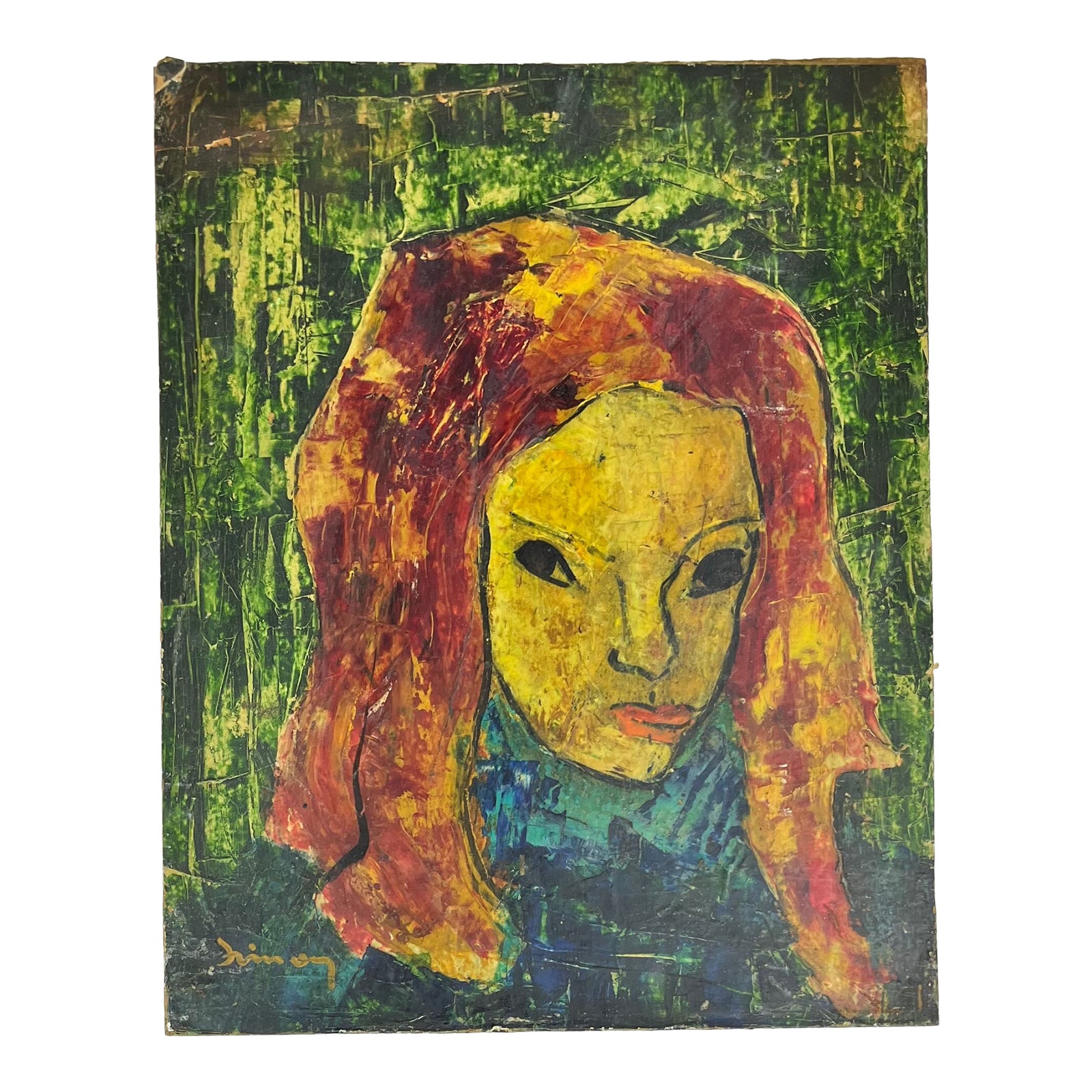 Expressionist Portrait on Board, Signed | Chairish