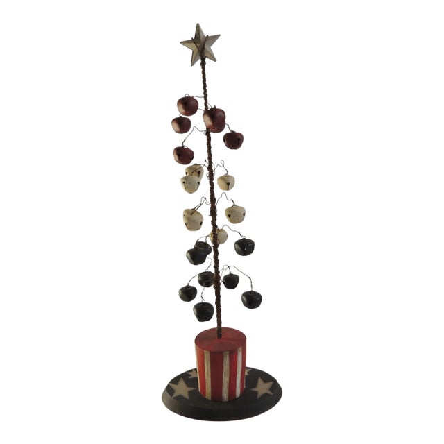 Vintage Americana Folk Art Style Christmas Tree With Painted Tissabells For Sale