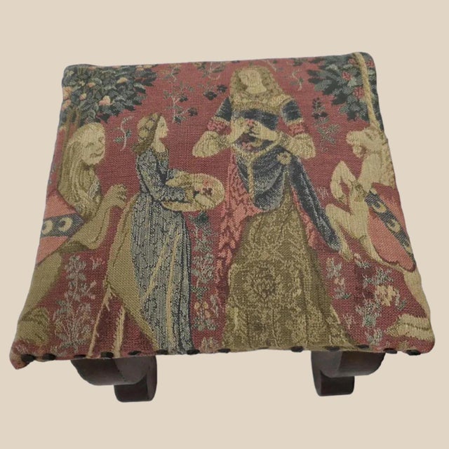 1940s 1940s Tapestry Footstool Jacobean Revival Wood Oak Ottoman Brass Tacks Dark Academia For Sale - Image 5 of 6