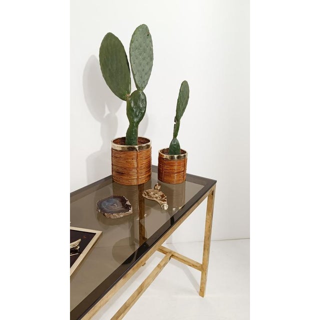 Italian Cachepot Basket in Hand-Woven Pencil Reed Rattan and Brass, 1970s For Sale - Image 4 of 18