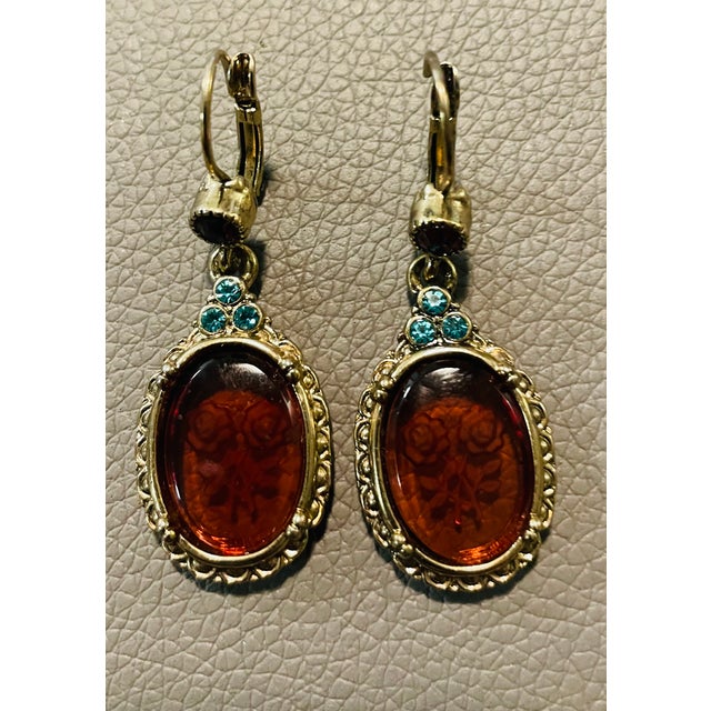 Mid 20th Century Vintage Art Nouveau Style Etched Floral Amber Dangle Earrings, A Pair For Sale - Image 5 of 10