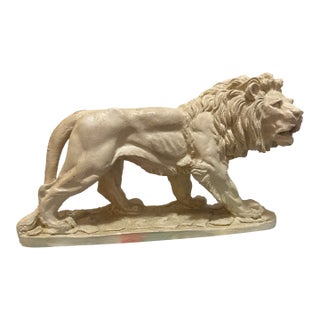Mid-Century Grand Tour Style White Composite Striding Lion Sculpture, After Antoine-Louis Barye For Sale