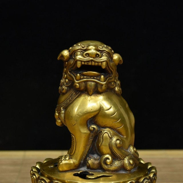 Gilt Bronze Guardian Lion Incense Burner – 8.3" Foo Dog Censer on Lotus Base For Sale In Los Angeles - Image 6 of 9