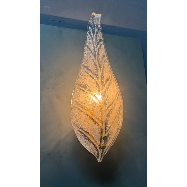 1960s Murano Glass Frosted Leaf Sconces, 1960s, Set of 2 For Sale - Image 5 of 9