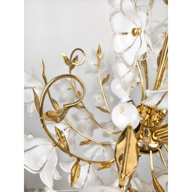 Metal Murano Glass White Flowers Chandelier, 1970s For Sale - Image 7 of 18