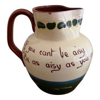 Late 19th Century English Torquay Motto Pitcher With Sailboats, Devon Earthenware Pottery For Sale