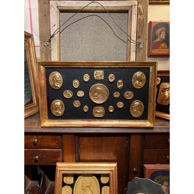 Wood Vintage Classical Grand Tour Gilded Cameo Intaglio Arrangement in Giltwood Frame For Sale - Image 7 of 10