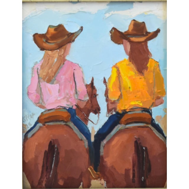 Farmhouse Western Cowgirls & Horses Oil Painting Including the Antiqued Silver Wood Frame For Sale - Image 3 of 5