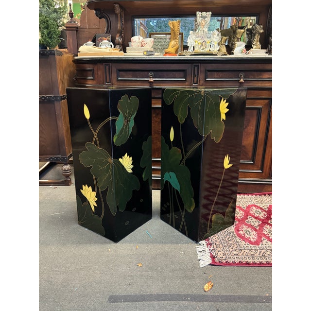 Asian Floral Pedestal a Pair Black Lacquer Hand Painted For Sale - Image 4 of 5