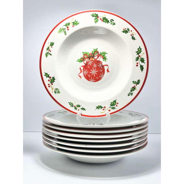 Christopher Radko “Holiday Celebrations, Red Trim” 8 Porcelain Rim Soup Bowls 9 Good condition. No chips, cracks, or...