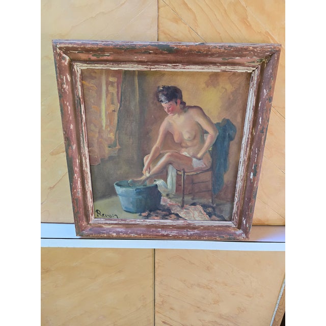 A very fine antique painting ( guaranteed 100 years old or older hand painted signed Renoir ) depicting a nude woman...