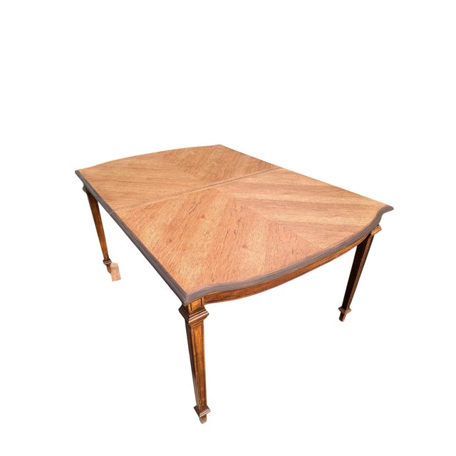 Vintage Refinished Walnut Chevron Veneer Extendable Dining Table With Two Leaves For Sale - Image 10 of 10