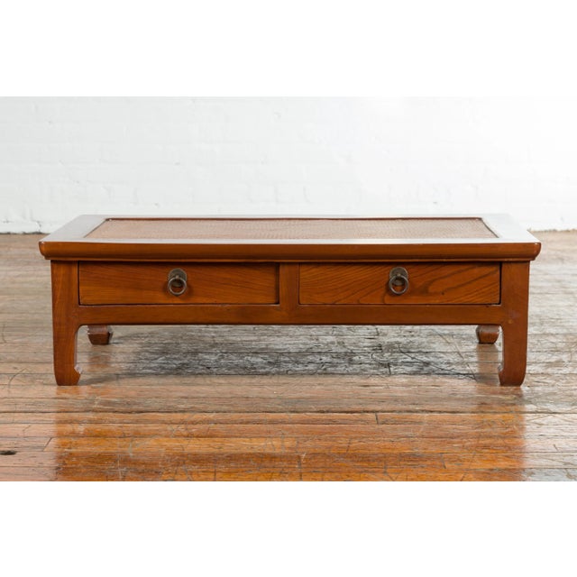 Chinese Vintage Low Elmwood Table with Rattan Inset Top and Two Drawers For Sale - Image 4 of 13