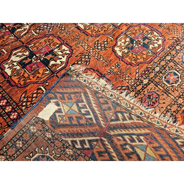 Late 19th Century Vintage Turkmen Tekke in Allover Pattern in Red, Navy, Ivory, Yellow, Blue For Sale - Image 5 of 18