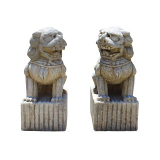 Chinese Distressed Marble Stone Fengshui Foo Dogs Statues - a Pair For Sale