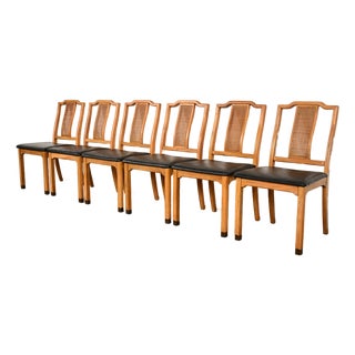 Henredon Style Mid-Century Hollywood Regency Carved Walnut and Cane Dining Chairs, Set of Six For Sale
