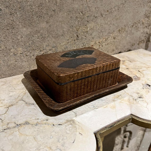 For your consideration, an antique Japanese lacquer cigarette set bamboo with silver fan shaped insert at top style of...