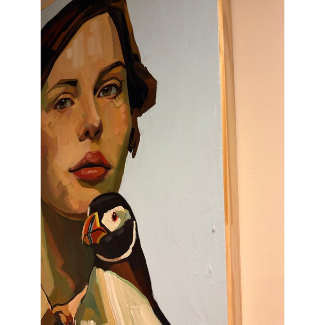 Wood 2026 Painting of a Girl and Her Penguin, Framed For Sale - Image 7 of 7