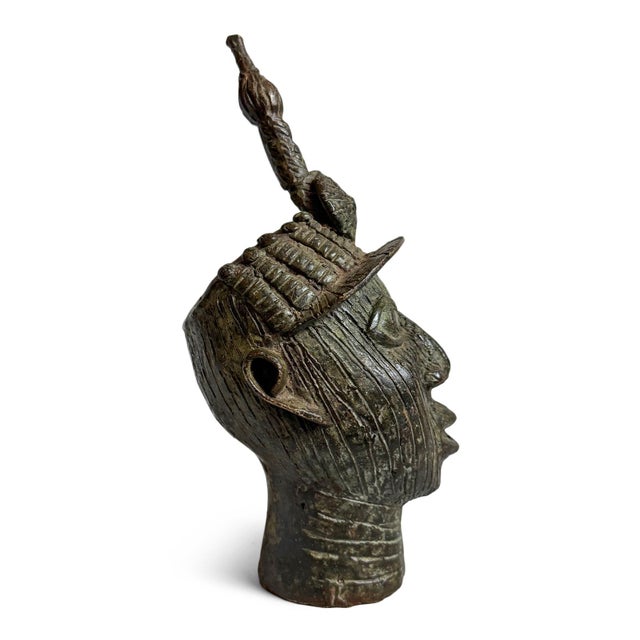 Old Antique African Bronze Nigeria Edo Ife Head Sculpture For Sale - Image 4 of 8
