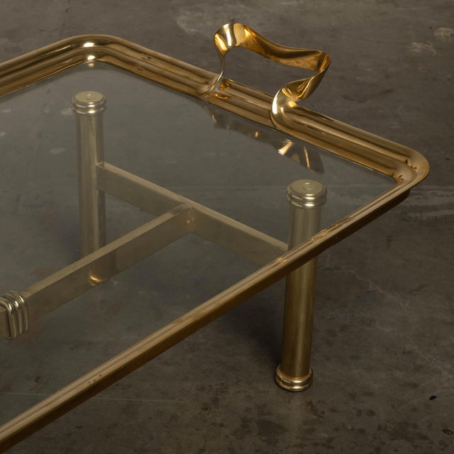 Brass 1980s Brass & Glass Coffee Table Glam Metal Chic Tray-Form For Sale - Image 8 of 11