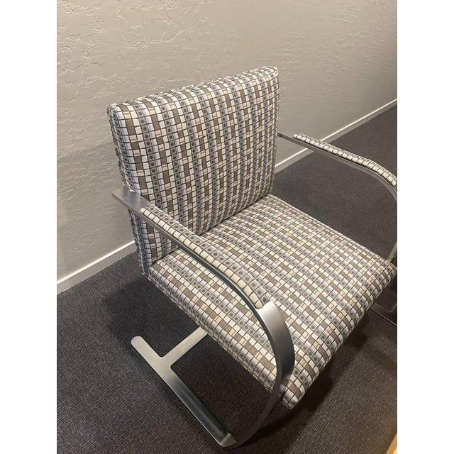 2003 Set of 4 Mies Van Der Rohe for Knoll Flat Bar Brno Arm Chairs Grid Fabric Pattern For Sale - Image 14 of 15