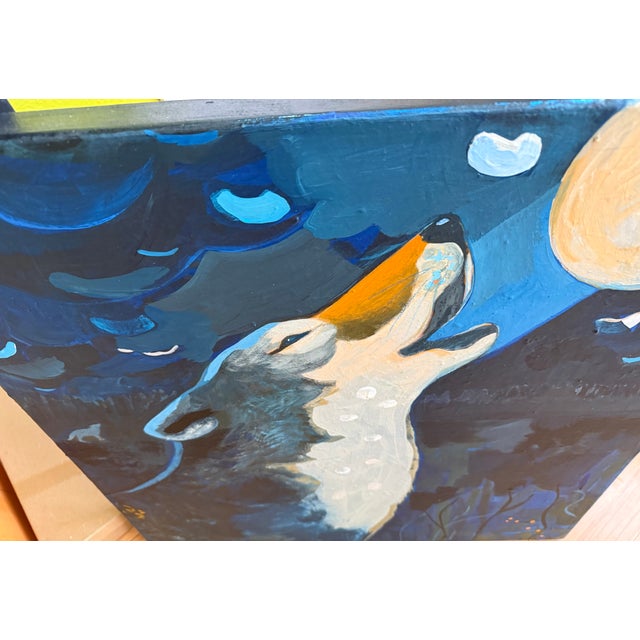 This wolf is howling at the wolf moon. I made the piece very limited palette with 3 colors plus black and white, two of...