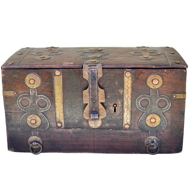 Unique and impressive antique asian chest exceptionally handcrafted of wood. Showcasing intricate inlaid brass and metal...
