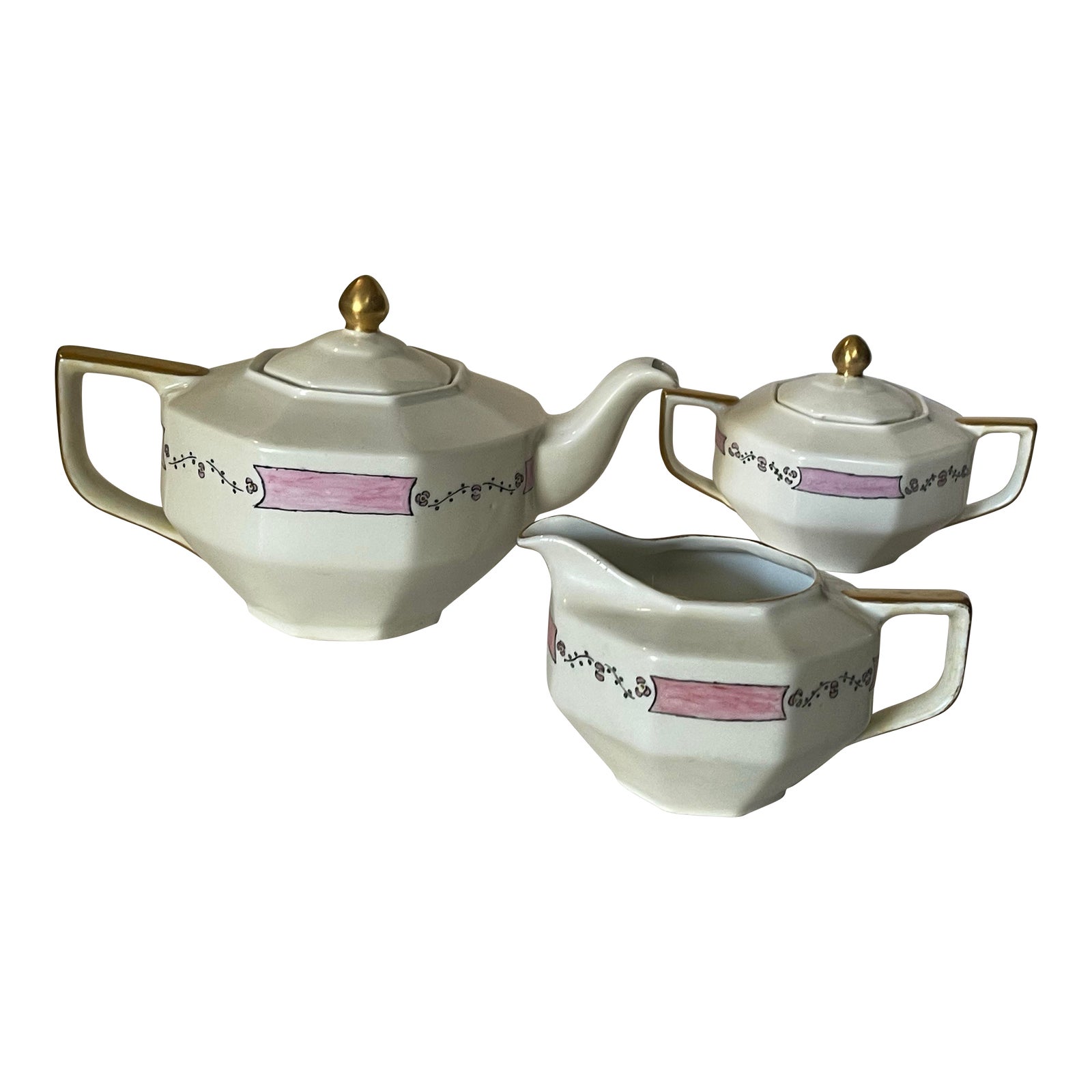 Antique Pink & White Floral Hand Painted Tea Set- 1 Teapot, 1 Creamer ...