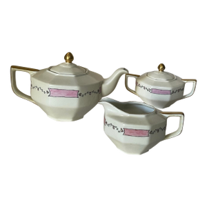 Antique Pink & White Floral Hand Painted Tea Set- 1 Teapot, 1 Creamer and 1 Sugar Bowl