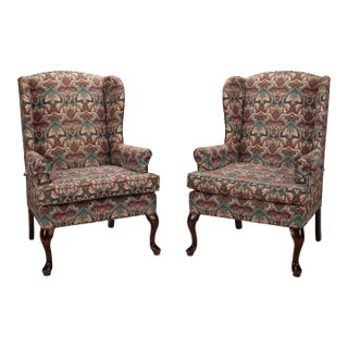1970s Queen Anne Chippendale Style Paisley Print Wingback Armchair - A Pair For Sale