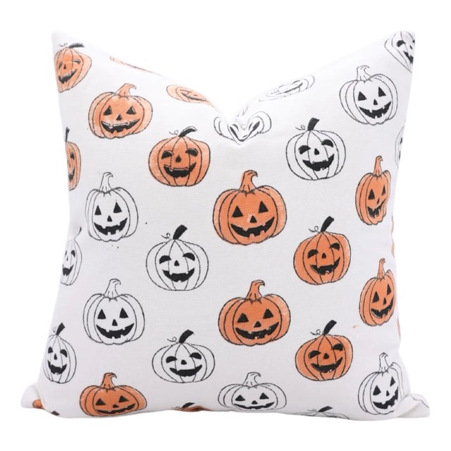 Fabdivine Halloween Pumpkin Block Print Pillow Cover Handmade Cotton Throw Cushion for Festive Home Décor Size 14x20 For Sale