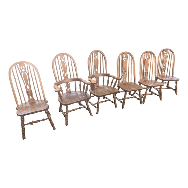Vintage Solid Oak Bow-Back Windsor Dining Chairs - Set of 6 For Sale