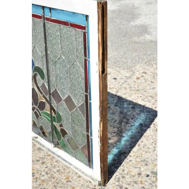 Antique Art Nouveau Stained Glass Blue Green Orange Fleur De Lis Window For Sale - Image 10 of 11