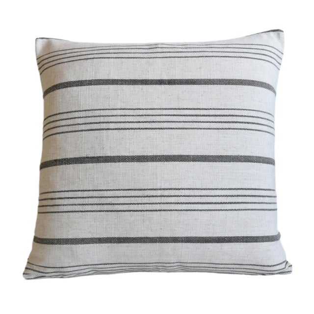 Custom-tailored reversible pillow in designer woven linen cotton blend charcoal gray striped fabric with a white...