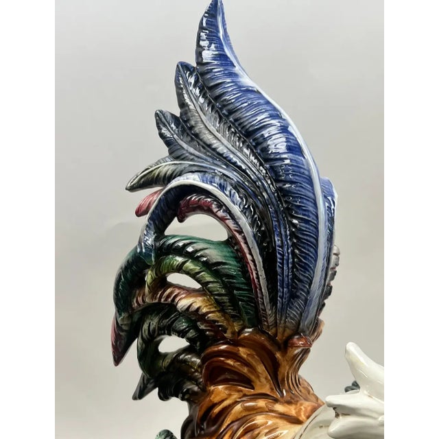 1980s Vintage Hand-Painted Italian Majolica Ceramic Fighting Rooster Sculpture, a Pair 1980's For Sale - Image 5 of 15