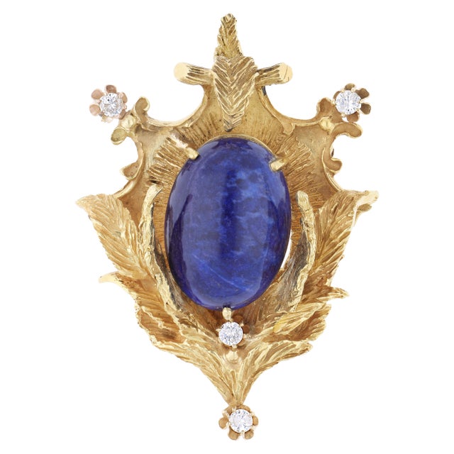 Metal 1940s Art Deco Lapis Lazuli and Diamond 18k Yellow Gold Brooch Pendant For Sale - Image 7 of 9