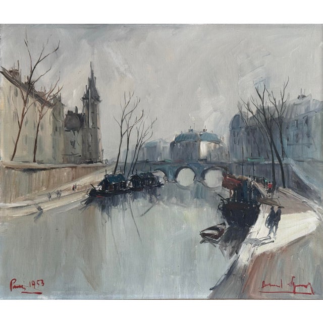 Beautiful moody Paris in 1953 plein air landscape along the Seine by French artist. Loose and atmospheric with touches of...