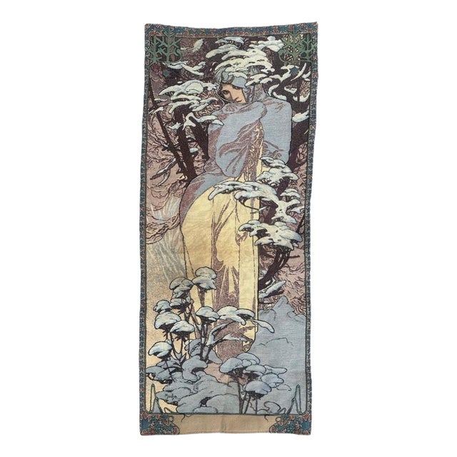 French Aubusson Style Jacquard Tapestry Winter by Alphonse Mucha, 2000s For Sale