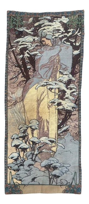French Aubusson Style Jacquard Tapestry Winter by Alphonse Mucha, 2000s