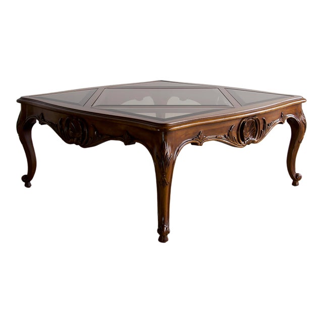 Vintage Louis XV Style Carved Square Cocktail Table With Smoked Beveled Glass Harlequin Top, 1970's For Sale