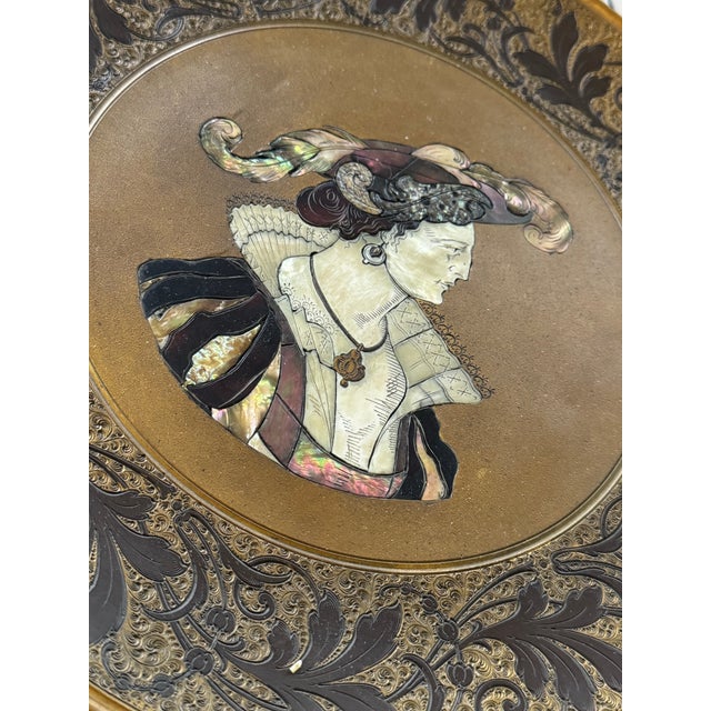 Renaissance Kayser Sohn, Renaissance Figures – Pair of Decorative Inlaid Mother of Pearl and Tortoiseshell Corviniello Chargers 11 3/8", Dated 1884 For Sale - Image 3 of 17