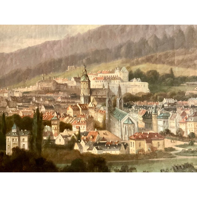 C. 1890 Antique Central European Cityscape Oil Painting With Cathedral and Hillside Castle Framed For Sale - Image 10 of 10