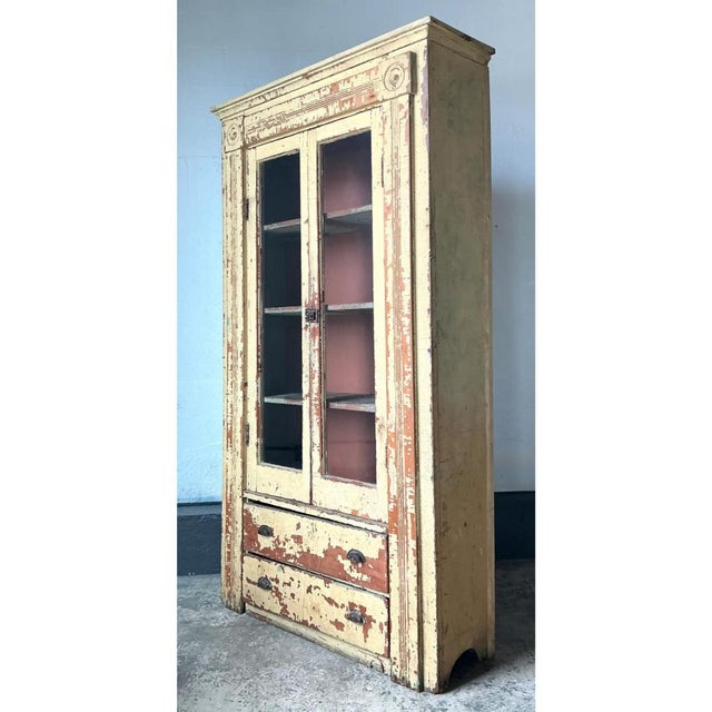 Mid-Century Modern Vintage Distressed Wood and Glass Cabinet For Sale - Image 3 of 12