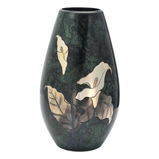 Mid Century Japanese Takaoka Bronze Vase With Mixed Metal Lily Inlay 9.75” For Sale
