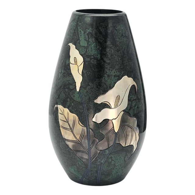 Mid Century Japanese Takaoka Bronze Vase With Mixed Metal Lily Inlay 9.75” For Sale
