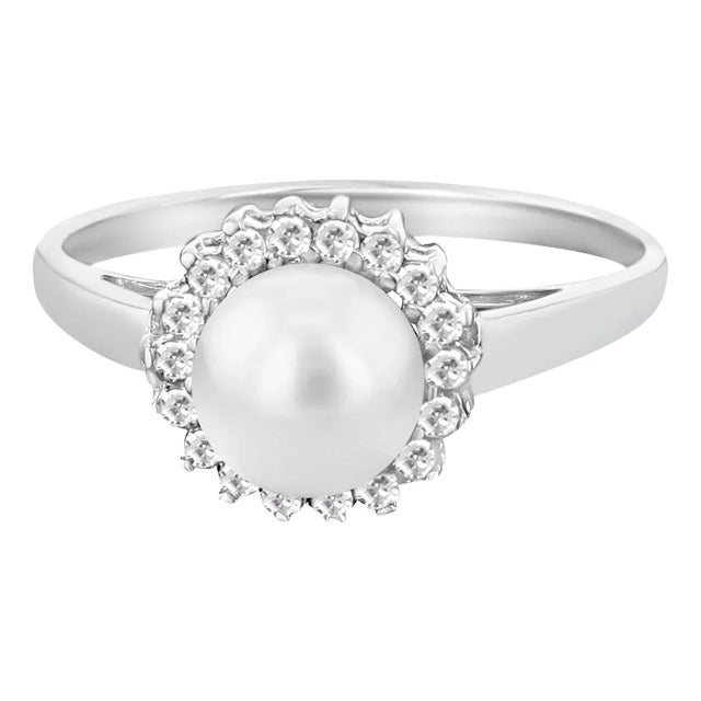Freshwater Pearl & Diamond Halo Ring, Size 7 For Sale