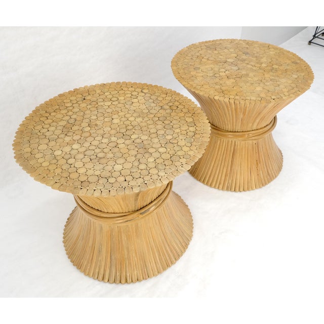 Wood Pair of Sheaf of Wheat 26" Round Side End Table Stands Pedestals MINT For Sale - Image 7 of 17